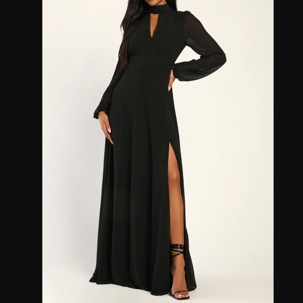 Lulus Bask in Love Black Chiffon Long Sleeve Mock Neck Plunge Maxi Dress XL